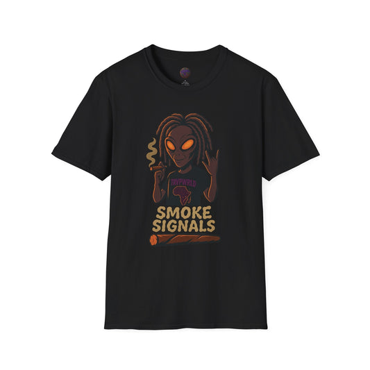 Black Smoke Signals collection T-shirt featuring an alien figure with dreadlocks and smoking imagery, unisex summer streetwear by TRVPWRLD